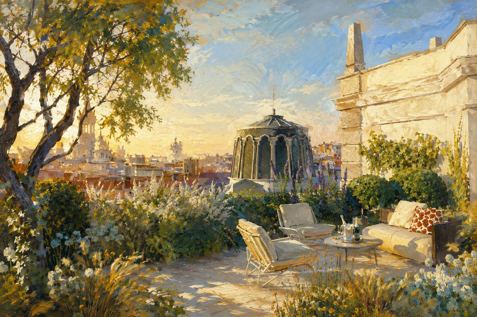 Óleo de una terraza sobre los tejados de Madrid